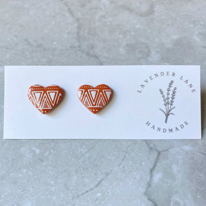 Zara aztec print terracotta heart studs